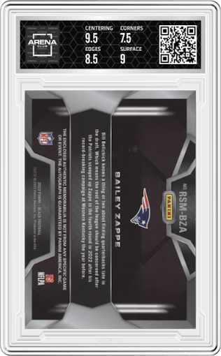 Bailey Zappe from the 2022 Panini Black set featuring a Copper parallel graded by Arena Club and given an overall grade of 8.