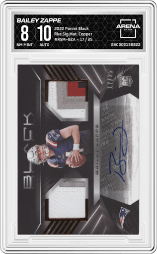 Bailey Zappe from the 2022 Panini Black set featuring a Copper parallel graded by Arena Club and given an overall grade of 8.