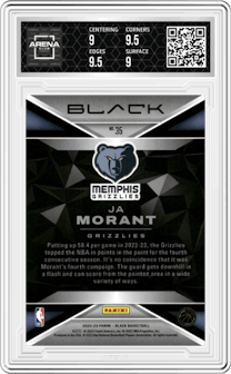 Ja Morant from the 2022-23 Panini Black set featuring a Silver parallel graded by Arena Club and given an overall grade of 9.5.