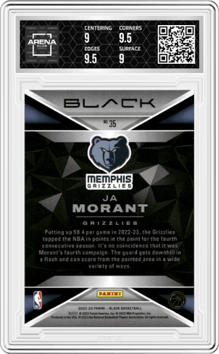 Ja Morant from the 2022-23 Panini Black set featuring a Silver parallel graded by Arena Club and given an overall grade of 9.5.