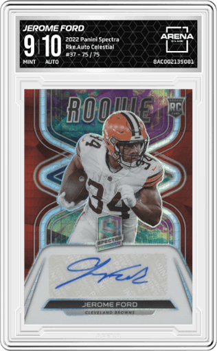 Jerome Ford from the 2022 Panini Spectra set featuring a Celestial parallel graded by Arena Club and given an overall grade of 9.