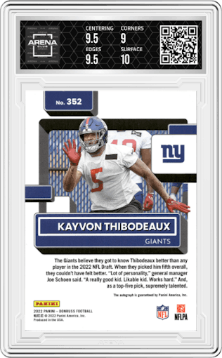 Kayvon Thibodeaux from the 2022 Panini Donruss set graded by Arena Club and given an overall grade of 9.5.