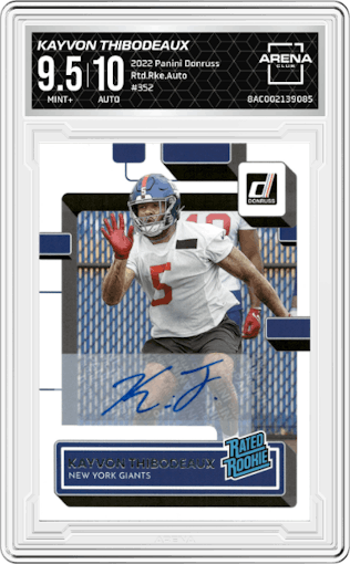 Kayvon Thibodeaux from the 2022 Panini Donruss set graded by Arena Club and given an overall grade of 9.5.