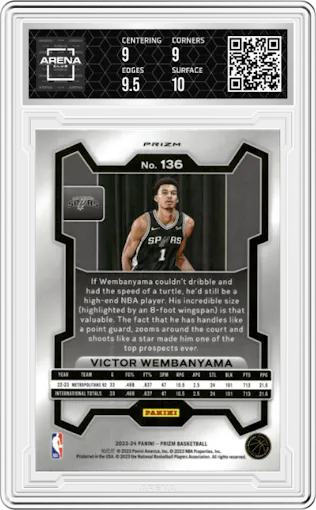 Victor Wembanyama from the 2023-24 Panini Prizm set featuring a Pink Ice parallel graded by Arena Club and given an overall grade of 9.5.