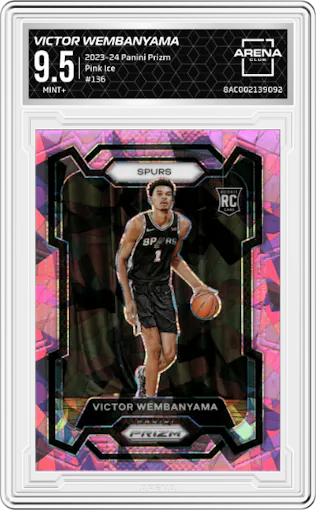 Victor Wembanyama from the 2023-24 Panini Prizm set featuring a Pink Ice parallel graded by Arena Club and given an overall grade of 9.5.