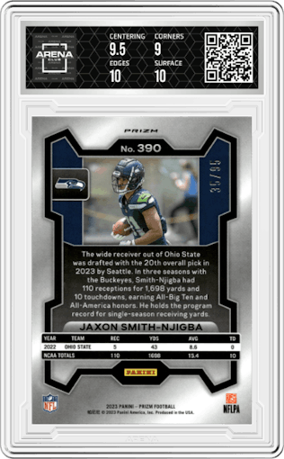 Jaxon Smith-Njigba from the 2023 Panini Prizm set featuring a No Huddle Blue parallel graded by Arena Club and given an overall grade of 9.5.