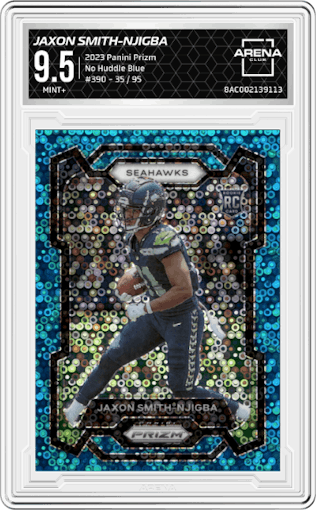 Jaxon Smith-Njigba from the 2023 Panini Prizm set featuring a No Huddle Blue parallel graded by Arena Club and given an overall grade of 9.5.