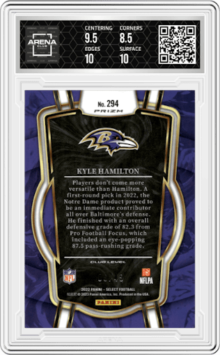 Kyle Hamilton from the 2022 Panini Select set featuring a Red Disco parallel graded by Arena Club and given an overall grade of 9.