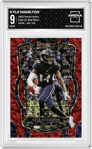 Kyle Hamilton from the 2022 Panini Select set featuring a Red Disco parallel graded by Arena Club and given an overall grade of 9.