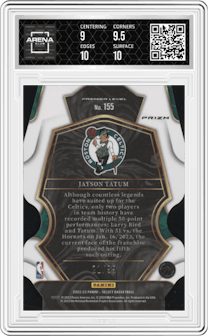 Jayson Tatum from the 2022-23 Panini Select set featuring a Die-Cut Purple parallel graded by Arena Club and given an overall grade of 9.5.