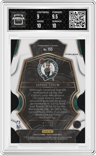 Jayson Tatum from the 2022-23 Panini Select set featuring a Die-Cut Purple parallel graded by Arena Club and given an overall grade of 9.5.