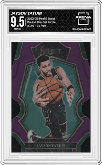 Jayson Tatum from the 2022-23 Panini Select set featuring a Die-Cut Purple parallel graded by Arena Club and given an overall grade of 9.5.