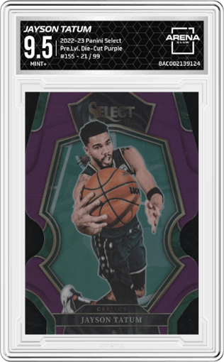 Jayson Tatum from the 2022-23 Panini Select set featuring a Die-Cut Purple parallel graded by Arena Club and given an overall grade of 9.5.