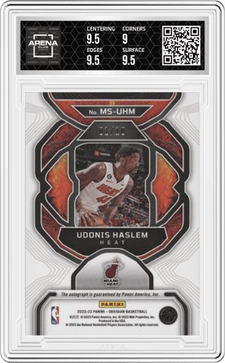 Udonis Haslem from the 2022-23 Panini Obsidian set featuring a Electric Etch Yellow parallel graded by Arena Club and given an overall grade of 9.5.