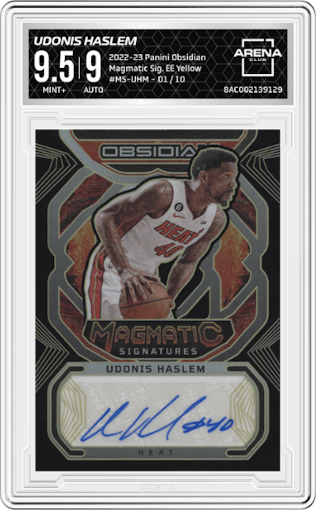 Udonis Haslem from the 2022-23 Panini Obsidian set featuring a Electric Etch Yellow parallel graded by Arena Club and given an overall grade of 9.5.