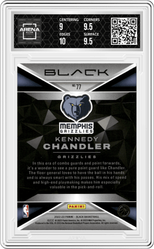 Kennedy Chandler from the 2022-23 Panini Black set featuring a Holo Gold parallel graded by Arena Club and given an overall grade of 9.5.