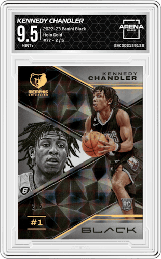 Kennedy Chandler from the 2022-23 Panini Black set featuring a Holo Gold parallel graded by Arena Club and given an overall grade of 9.5.
