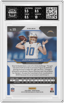 Justin Herbert from the 2020 Panini Prizm set featuring a Silver Prizm parallel graded by Arena Club and given an overall grade of 9.