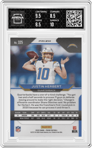 Justin Herbert from the 2020 Panini Prizm set featuring a Silver Prizm parallel graded by Arena Club and given an overall grade of 9.