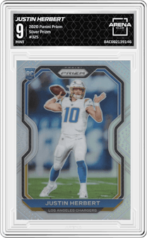 Justin Herbert from the 2020 Panini Prizm set featuring a Silver Prizm parallel graded by Arena Club and given an overall grade of 9.