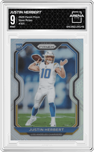 Justin Herbert from the 2020 Panini Prizm set featuring a Silver Prizm parallel graded by Arena Club and given an overall grade of 9.