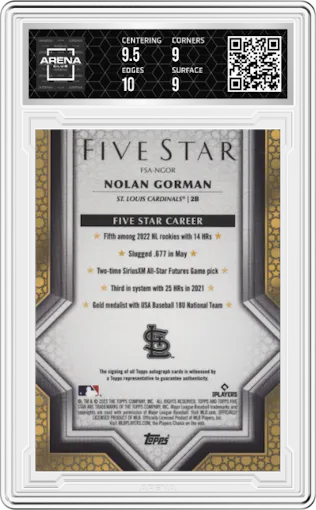 Nolan Gorman from the 2023 Topps Five Star set graded by Arena Club and given an overall grade of 9.5.