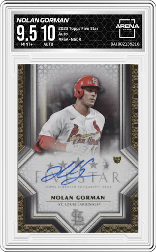 Nolan Gorman from the 2023 Topps Five Star set graded by Arena Club and given an overall grade of 9.5.