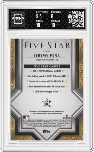 Jeremy Pena from the 2023 Topps Five Star set graded by Arena Club and given an overall grade of 8.5.