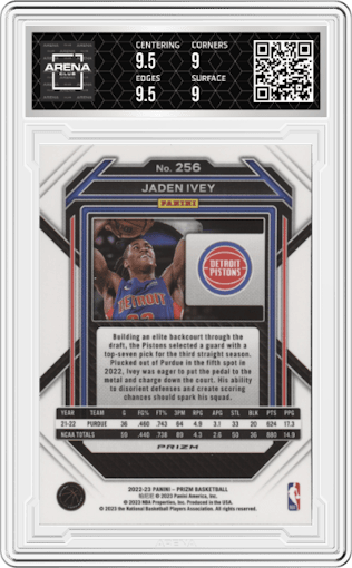 Jaden Ivey from the 2022-23 Panini Prizm  set featuring a Silver Prizm parallel graded by Arena Club and given an overall grade of 9.5.