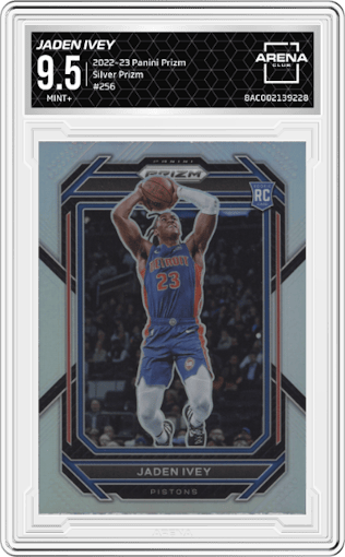 Jaden Ivey from the 2022-23 Panini Prizm  set featuring a Silver Prizm parallel graded by Arena Club and given an overall grade of 9.5.