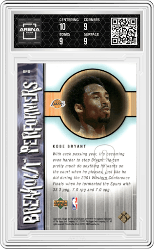 Kobe Bryant from the 2001-02 Upper Deck set graded by Arena Club and given an overall grade of 9.5.