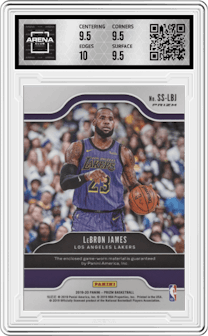 LeBron James from the 2019-20 Panini Prizm set featuring a Orange Ice parallel graded by Arena Club and given an overall grade of 10.
