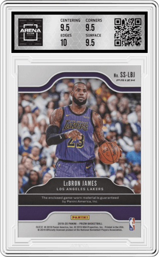 LeBron James from the 2019-20 Panini Prizm set featuring a Orange Ice parallel graded by Arena Club and given an overall grade of 10.