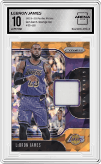 LeBron James from the 2019-20 Panini Prizm set featuring a Orange Ice parallel graded by Arena Club and given an overall grade of 10.