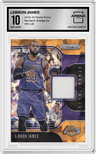 LeBron James from the 2019-20 Panini Prizm set featuring a Orange Ice parallel graded by Arena Club and given an overall grade of 10.