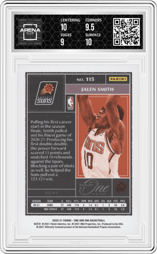 Jalen Smith from the 2020-21 Panini One and One set featuring a Gold parallel graded by Arena Club and given an overall grade of 9.5.