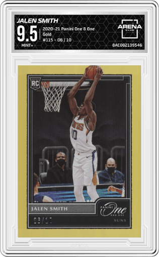 Jalen Smith from the 2020-21 Panini One and One set featuring a Gold parallel graded by Arena Club and given an overall grade of 9.5.