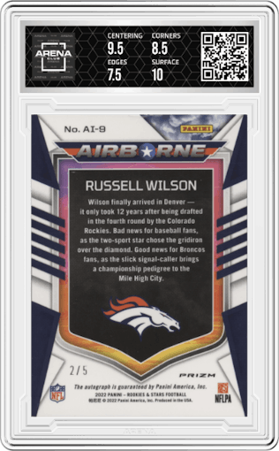Russell Wilson from the 2022 Panini Rookies & Stars set graded by Arena Club and given an overall grade of 8.