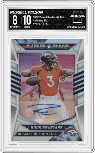 Russell Wilson from the 2022 Panini Rookies & Stars set graded by Arena Club and given an overall grade of 8.