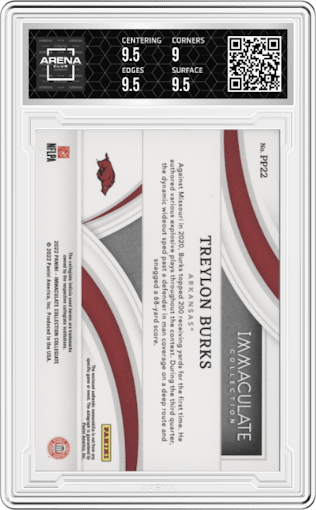 Treylon Burks from the 2022 Panini Immaculate Collection Collegiate set featuring a Gold parallel graded by Arena Club and given an overall grade of 9.5.