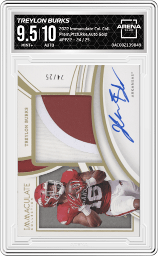 Treylon Burks from the 2022 Panini Immaculate Collection Collegiate set featuring a Gold parallel graded by Arena Club and given an overall grade of 9.5.