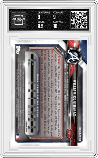 William Contreras from the 2018 Bowman Chrome set graded by Arena Club and given an overall grade of 9.5.