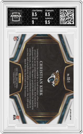 Christian Kirk from the 2022 Panini Select set featuring a Zebra parallel graded by Arena Club and given an overall grade of 9.