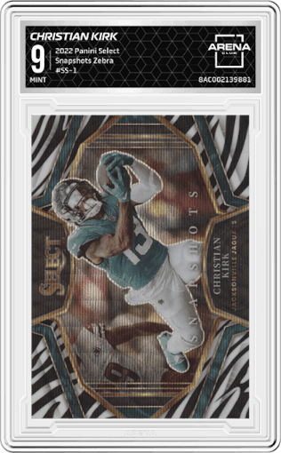 Christian Kirk from the 2022 Panini Select set featuring a Zebra parallel graded by Arena Club and given an overall grade of 9.