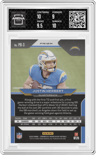 Justin Herbert from the 2020 Panini Chronicles set featuring a Silver parallel graded by Arena Club and given an overall grade of 9.5.