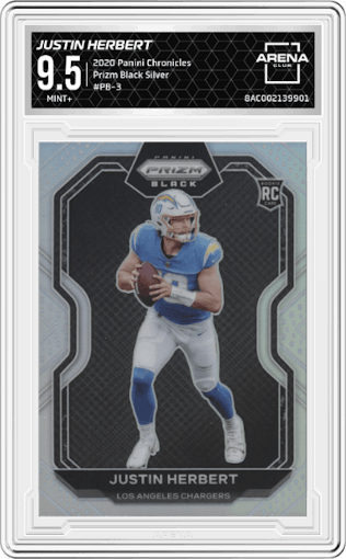 Justin Herbert from the 2020 Panini Chronicles set featuring a Silver parallel graded by Arena Club and given an overall grade of 9.5.