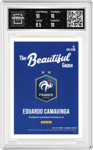 Eduardo Camavinga from the 2021-22 Panini Donruss Road to Qatar set graded by Arena Club and given an overall grade of 9.