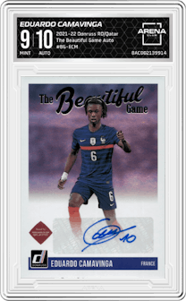 Eduardo Camavinga from the 2021-22 Panini Donruss Road to Qatar set graded by Arena Club and given an overall grade of 9.