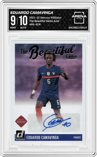 Eduardo Camavinga from the 2021-22 Panini Donruss Road to Qatar set graded by Arena Club and given an overall grade of 9.