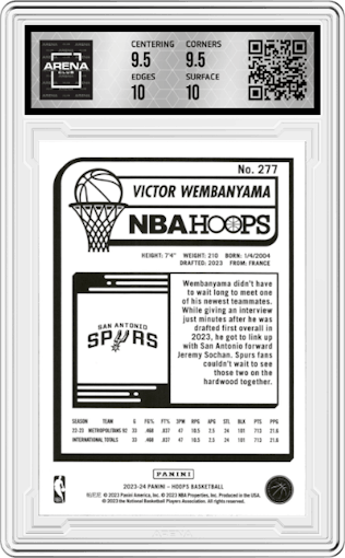 Victor Wembanyama from the 2023-24 Panini NBA Hoops set featuring a Silver parallel graded by Arena Club and given an overall grade of 10.
